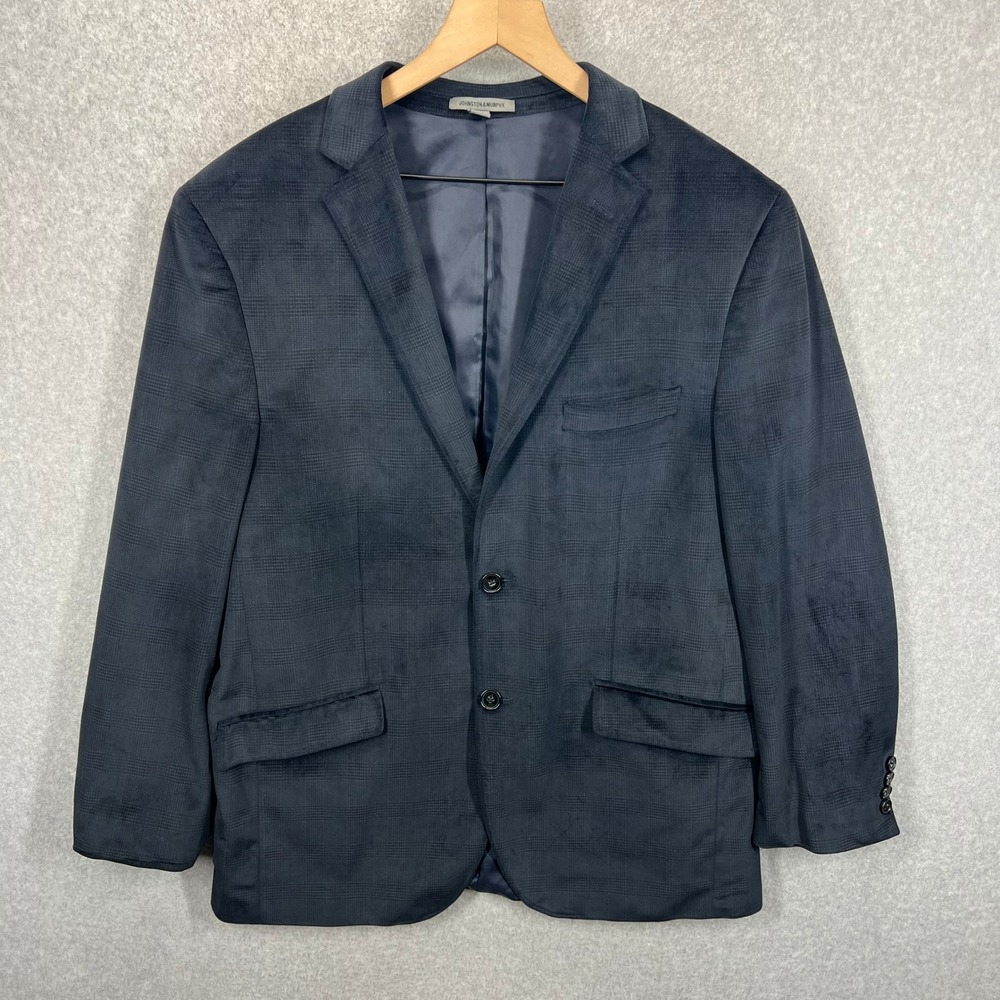 Johnston & Murphy Blazer Mens Large Blue Plaid Suede Feel Faux Suede EUC